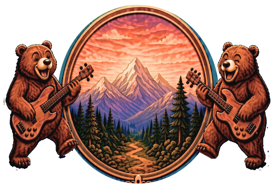 The original mountain landscape with two bears playing bass